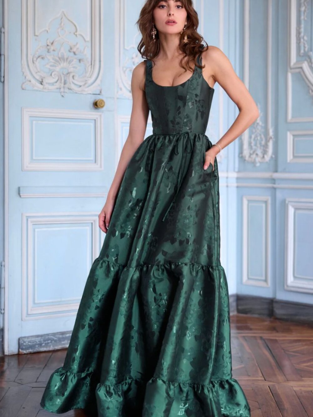 V. Chapman The Avery Dress in Emerald Baroque Floral - Picture 7 of 9